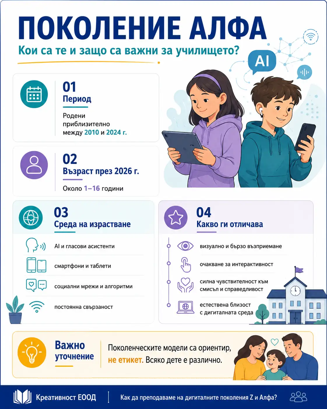 Инфографика за поколение Алфа: период на раждане, възраст през 2026 година, дигитална среда и основни характеристики
