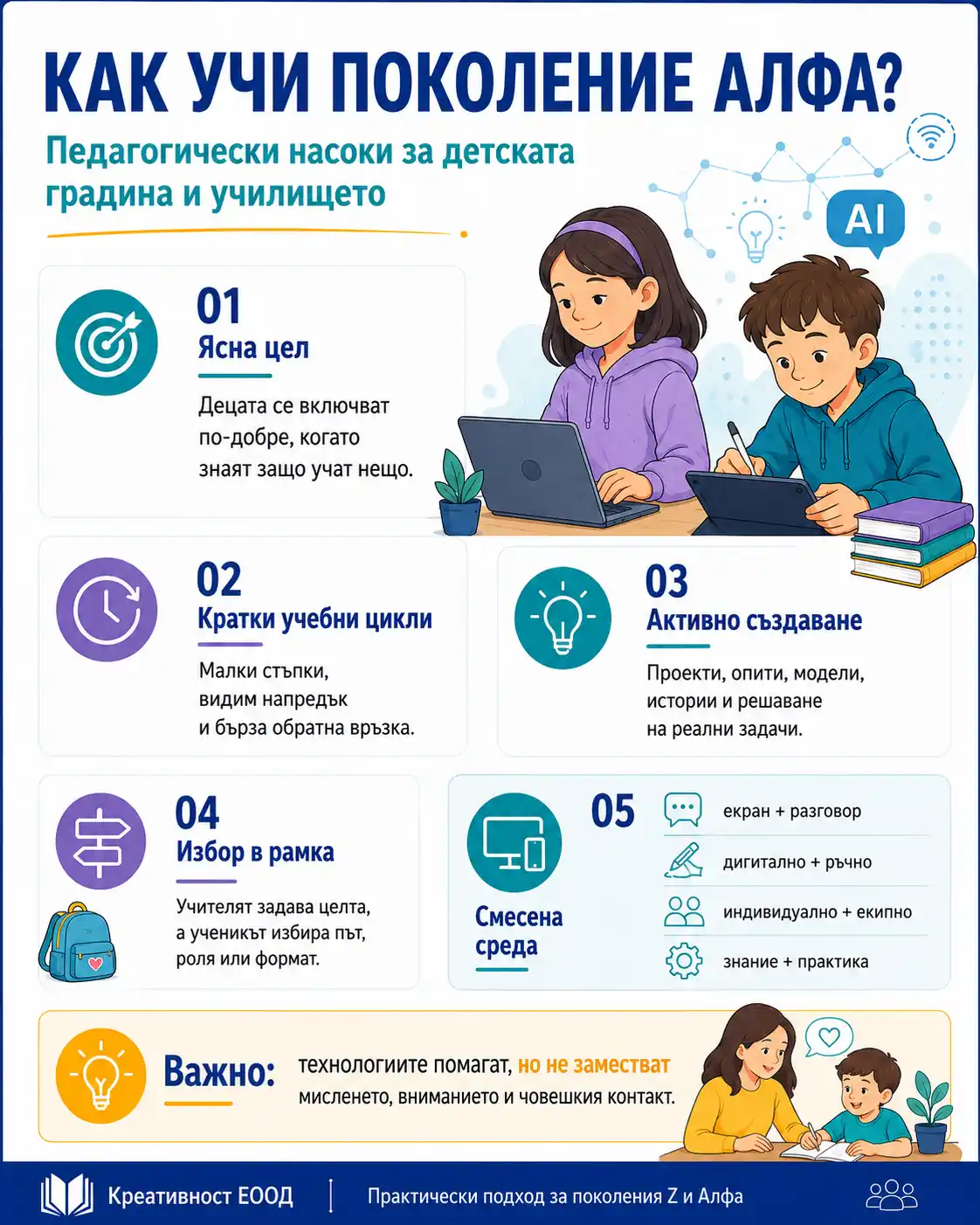 Инфографика как учи поколение Алфа: ясна цел, кратки учебни цикли, активно създаване, избор и смесена среда