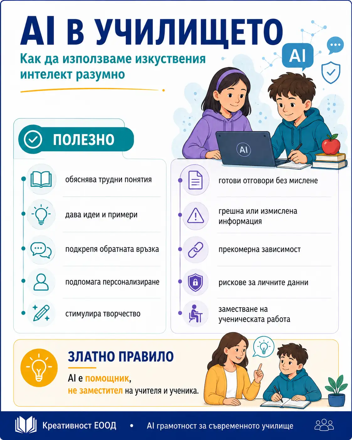 Инфографика за разумно използване на изкуствения интелект в училище: ползи, рискове и златно правило