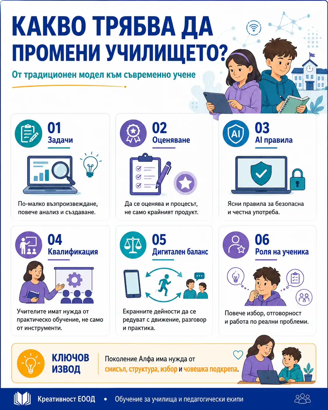 Инфографика какво трябва да промени училището: задачи, оценяване, AI правила, квалификация, дигитален баланс и роля на ученика